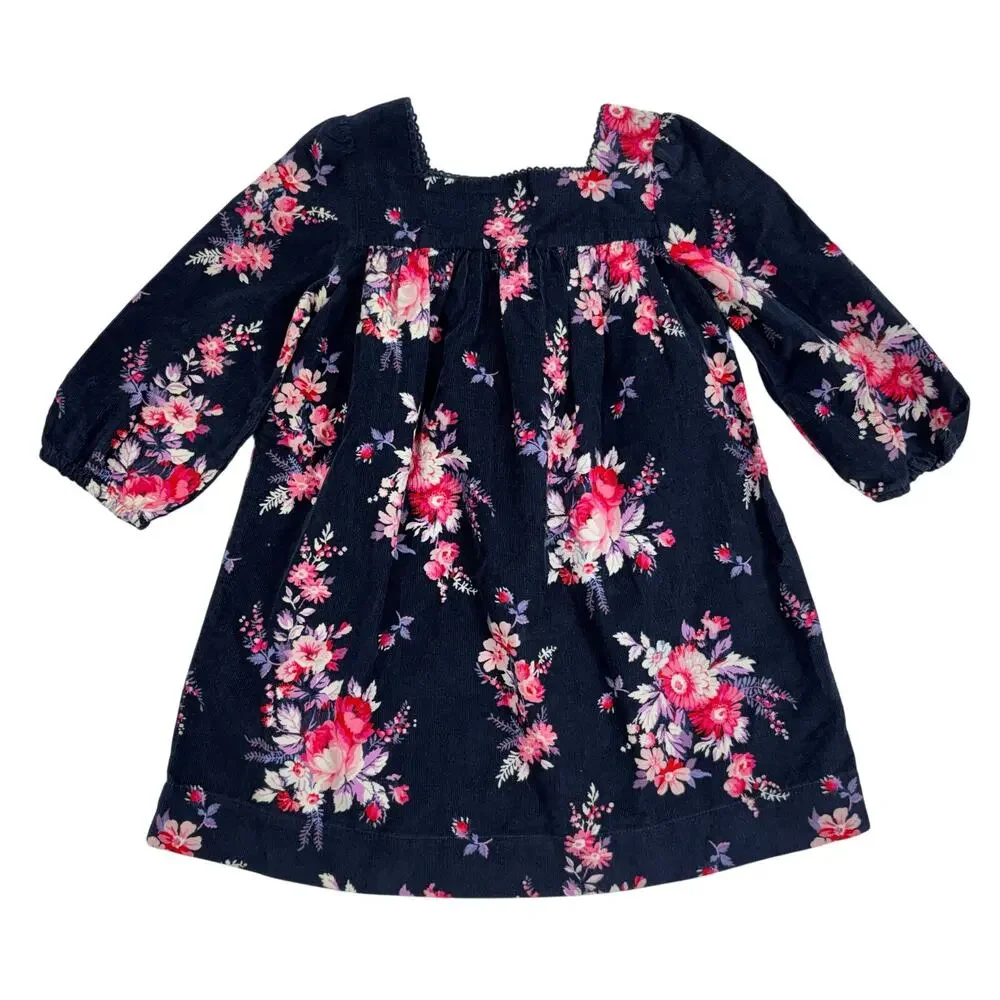 Baby GAP Toddler Girl Corduroy Floral Dress Navy Blue Pink 3T NWT Long Sleeve